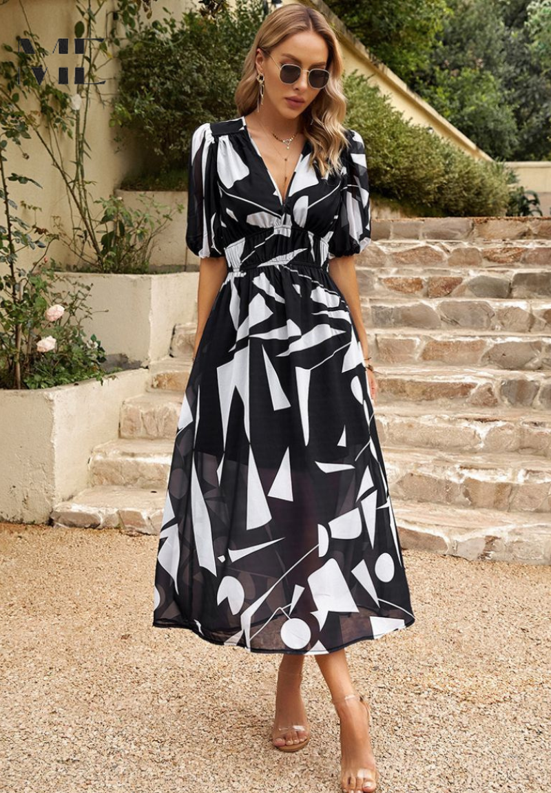 Women's Midi Dress V-Neck Puff Sleeves Gathered Waist