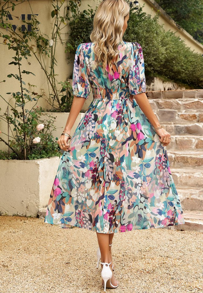 Women's Midi Dress V-Neck Puff Sleeves Gathered Waist
