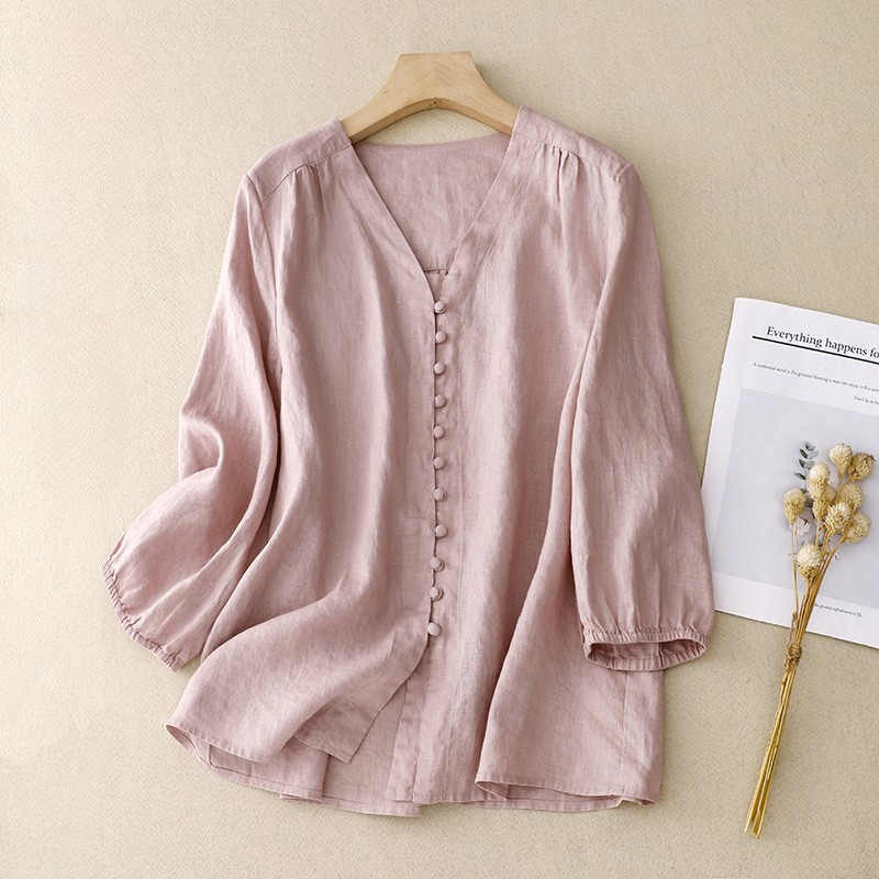 Women's V-Neck Blouse Linen Texture Beige