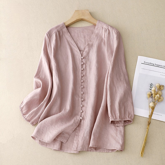 Women's V-Neck Blouse Linen Texture Beige