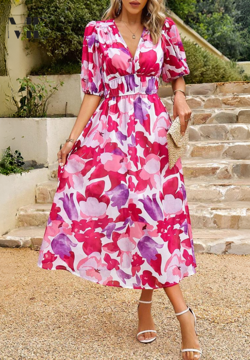 Women's Midi Dress V-Neck Puff Sleeves Gathered Waist