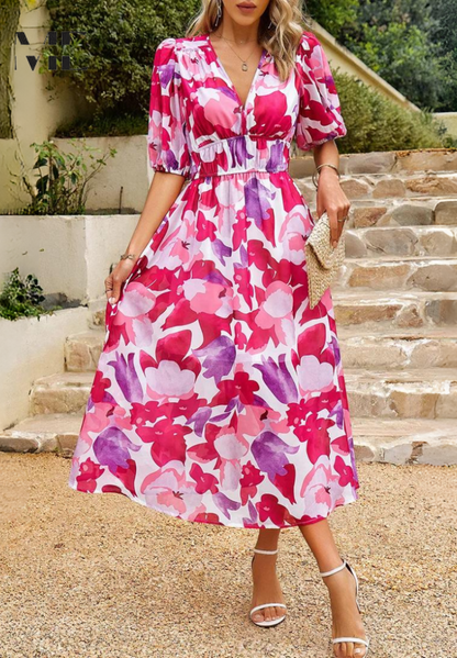 Women's Floral V-Neck Dress Short Sleeves