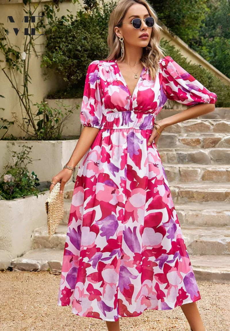 Women's Midi Dress V-Neck Puff Sleeves Gathered Waist