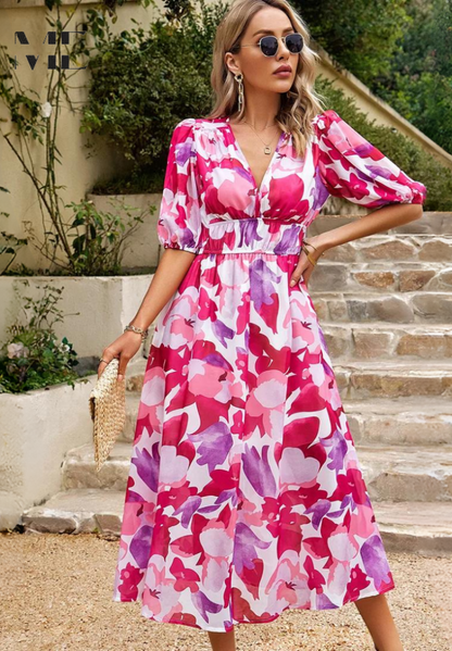Women's Midi Dress V-Neck Puff Sleeves Gathered Waist