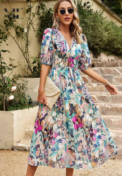 Women's Midi Dress V-Neck Puff Sleeves Gathered Waist