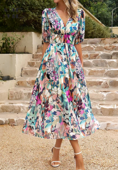 Women's Midi Dress V-Neck Puff Sleeves Gathered Waist
