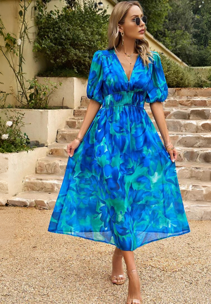 Women's Midi Dress V-Neck Puff Sleeves Gathered Waist