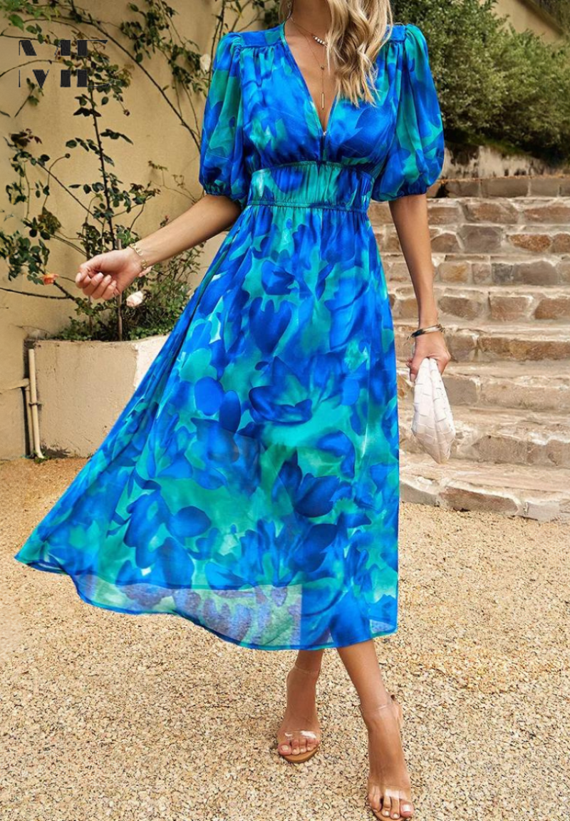 Women's Midi Dress V-Neck Puff Sleeves Gathered Waist
