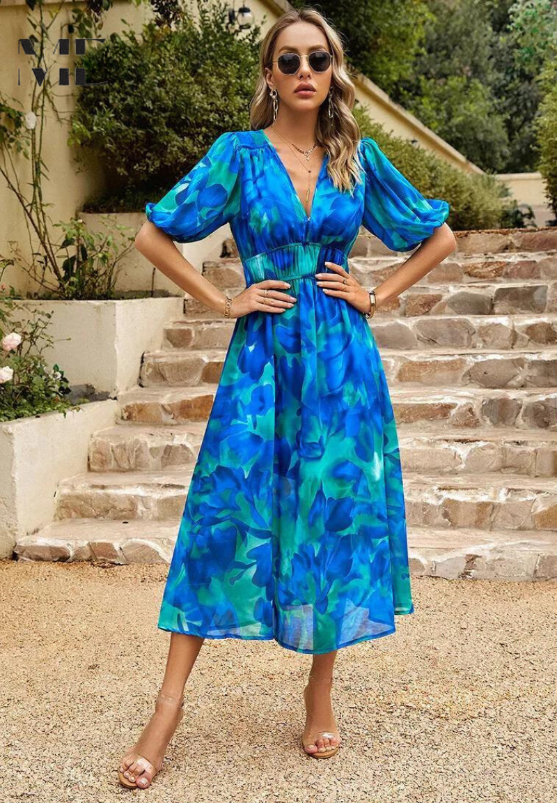 Women's Midi Dress V-Neck Puff Sleeves Gathered Waist