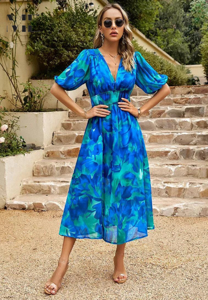 Women's Midi Dress V-Neck Puff Sleeves Gathered Waist