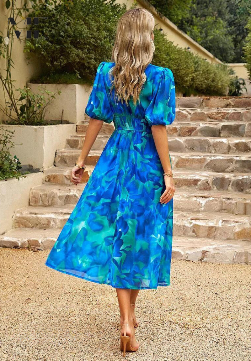 Women's Midi Dress V-Neck Puff Sleeves Gathered Waist