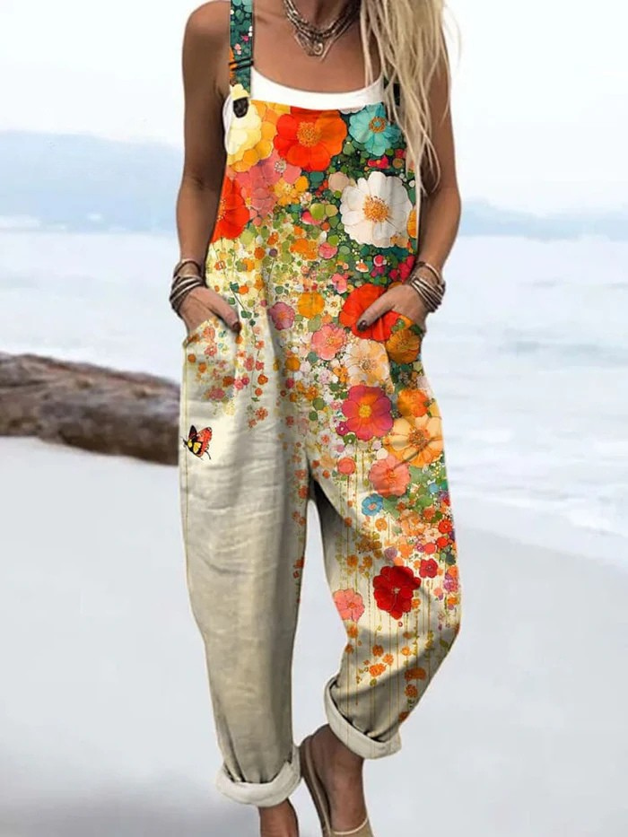 Women's Floral Wide-Leg Jumpsuit with Pockets