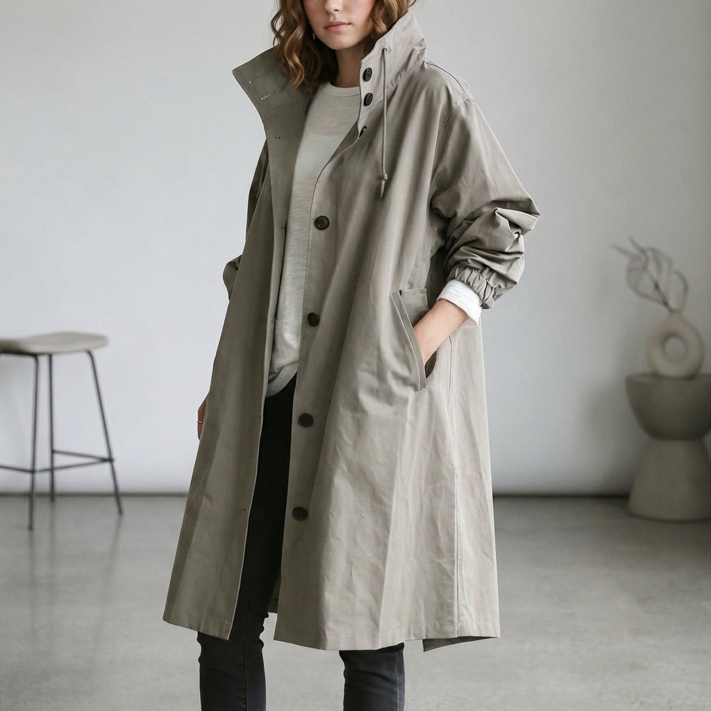 Women's Cotton Midi Trench Coat Hooded Beige