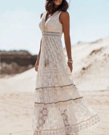Women's Boho Maxi Dress Drawstring Cotton
