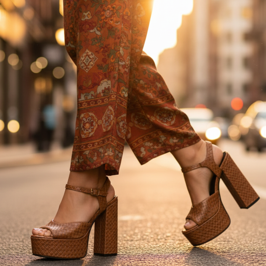Women's Platform Heels Buckle Detail Velour