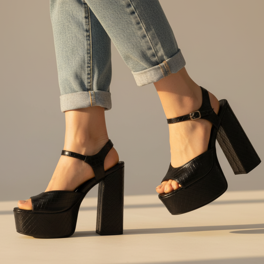 Women's Platform Heels Buckle Detail Velour