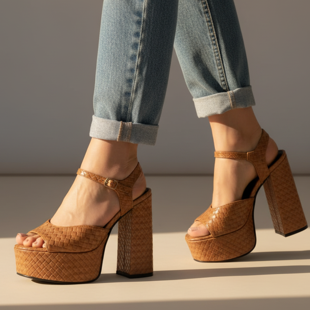 Women's Platform Heels Buckle Detail Velour