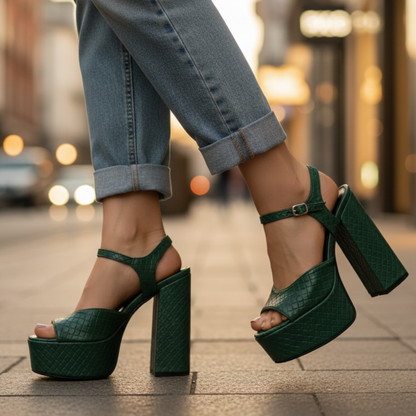 Women's Platform Heels Buckle Detail Velour