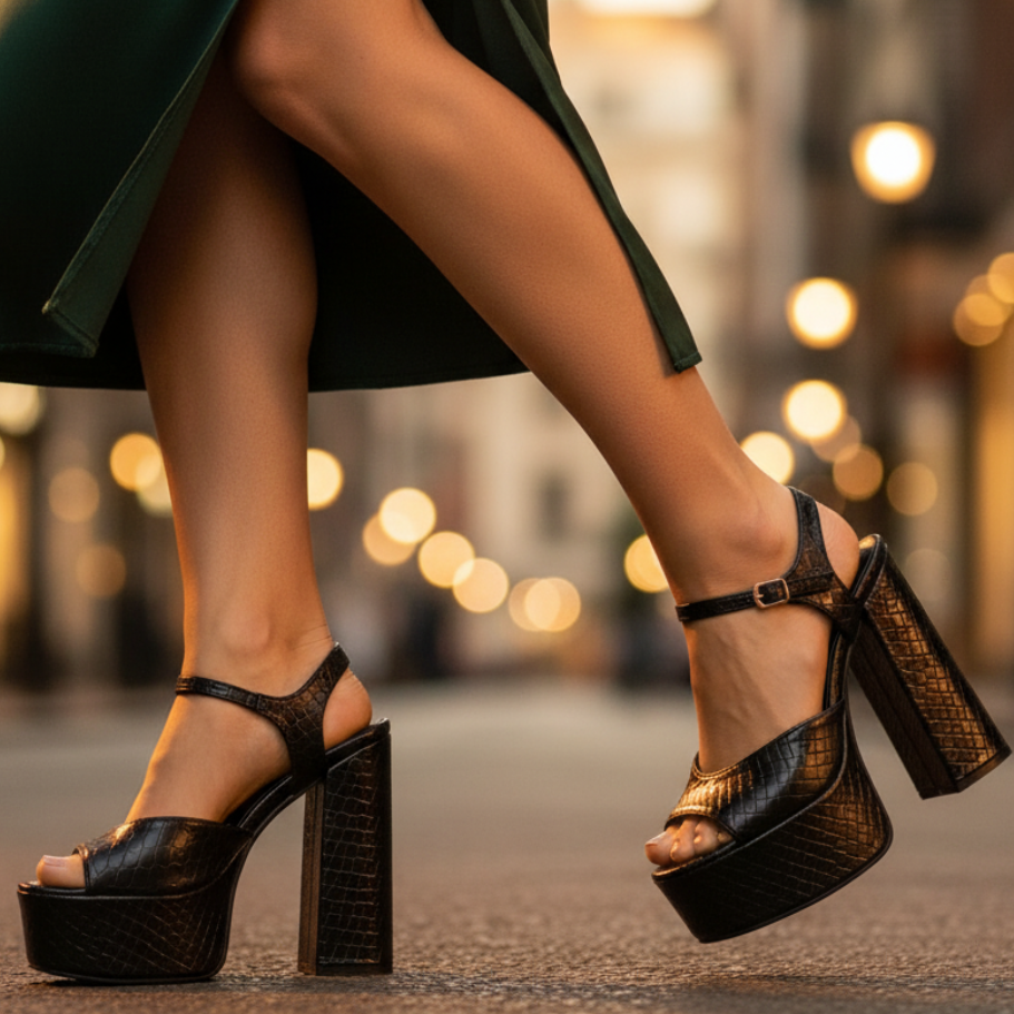Women's Platform Heels Buckle Detail Velour