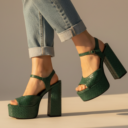 Women's Platform Heels Buckle Detail Velour