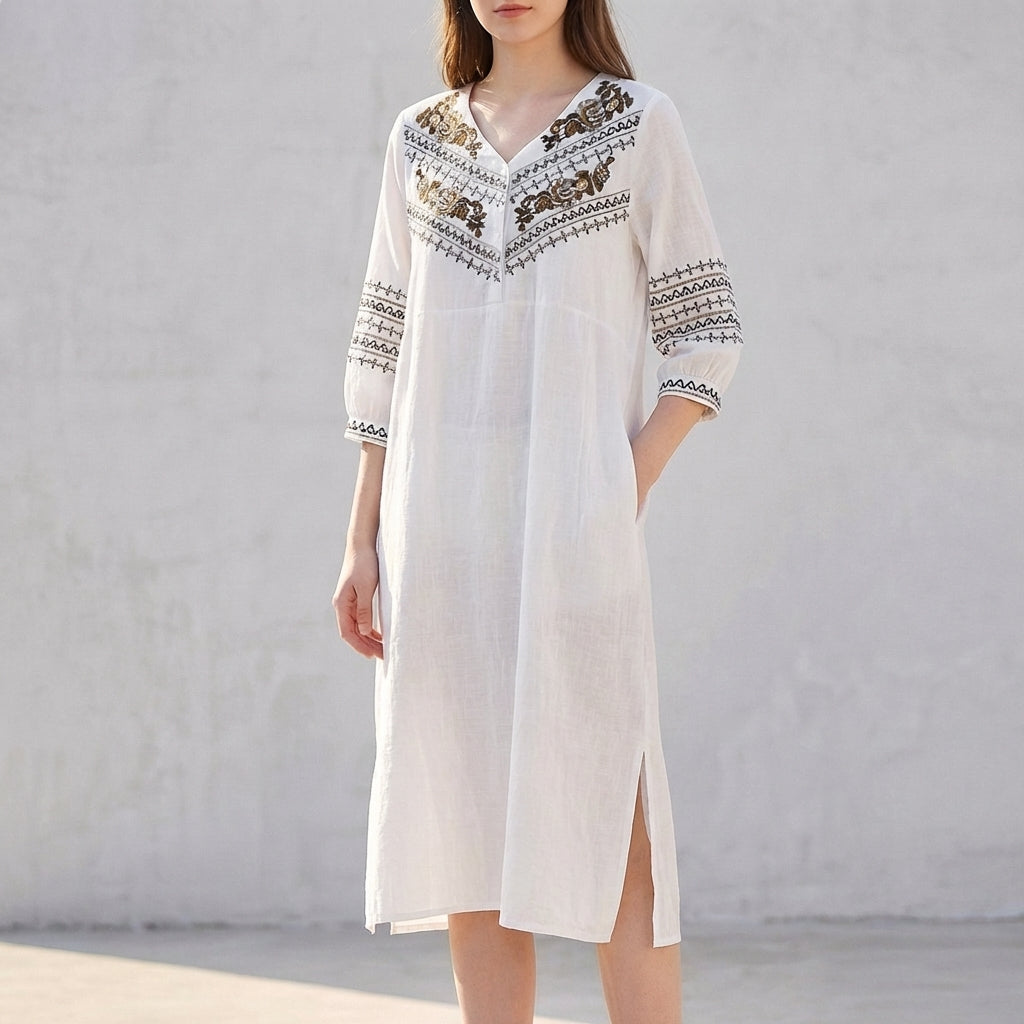 Women's Embroidered Midi Dress Split V-Neck