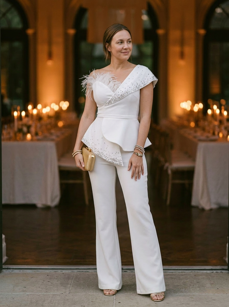 Women's Strapless Jumpsuit Peplum Waist Feather Detail