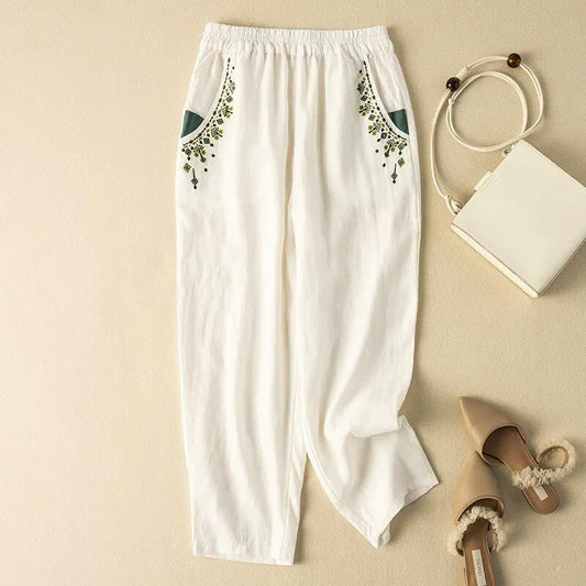 Linen Harem Pants Relaxed Fit Ankle Length Embroidered