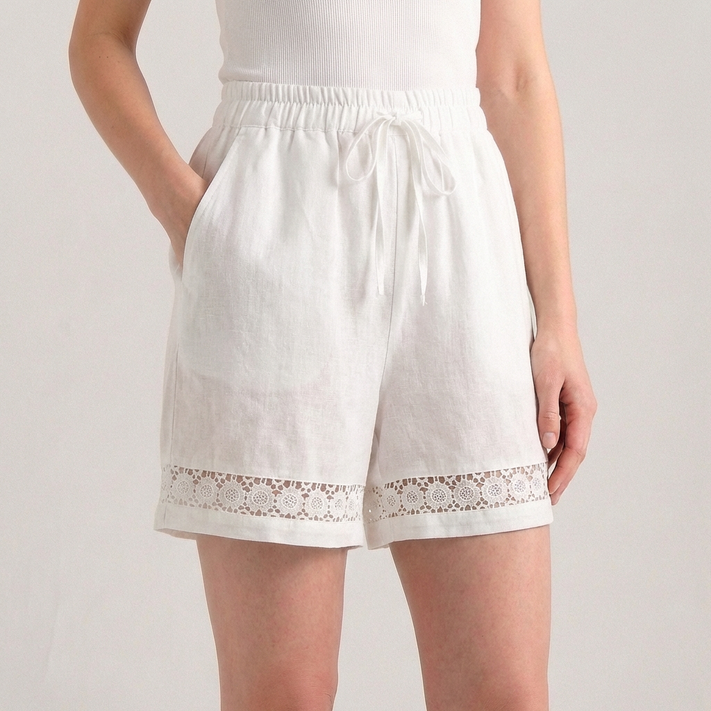 Women's Wide Leg Mini Shorts Lace Trim Drawstring Waist