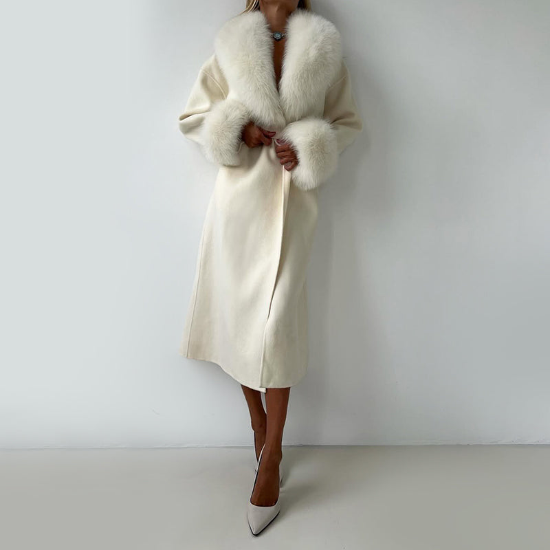 Women's Straight Fit Coat Belted Fur Trim Long Sleeve