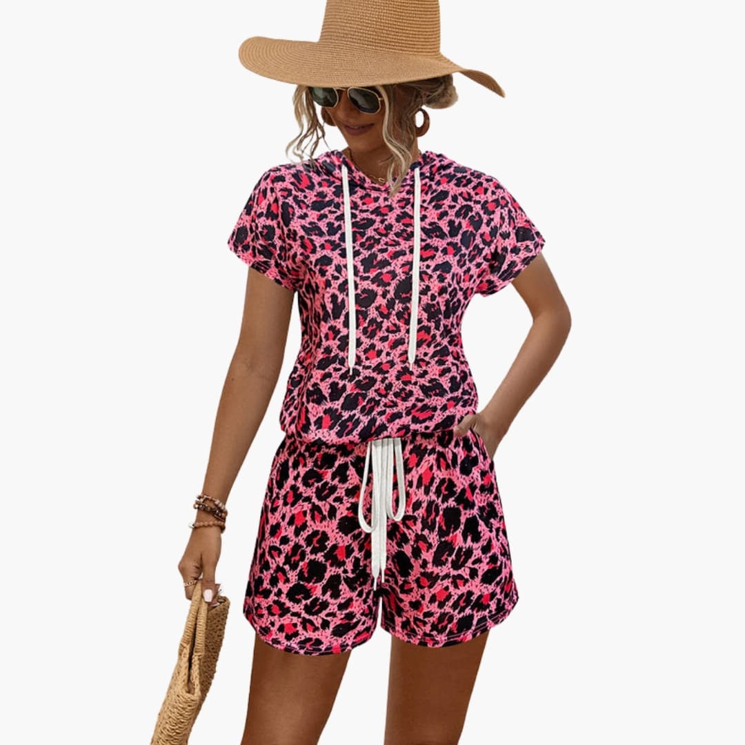 Women's Animal Print Hooded And Shorts Set