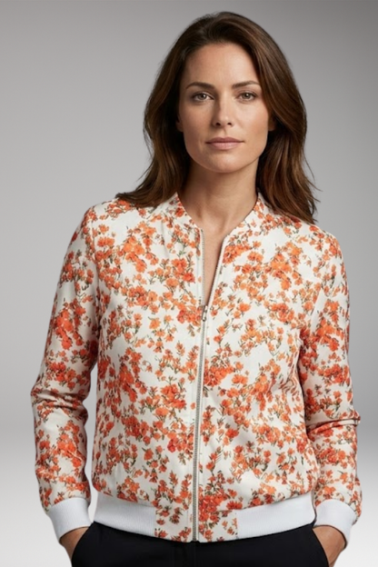 Women's Floral Flight Jacket Zipper Closure