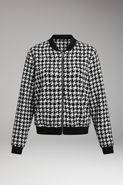 Women's Houndstooth Bomber Jacket Elastic Cuffs