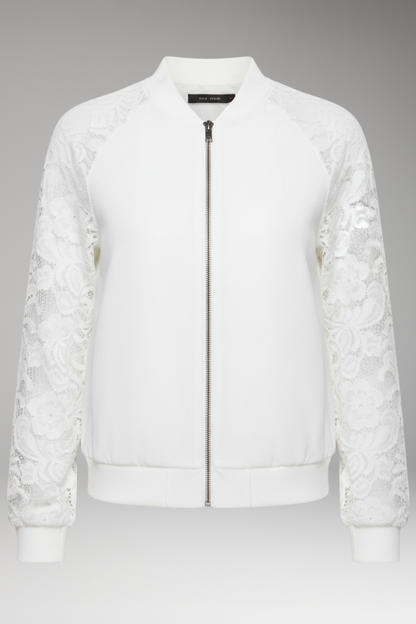 Women's Lace Sleeve Bomber Jacket Full Zipper