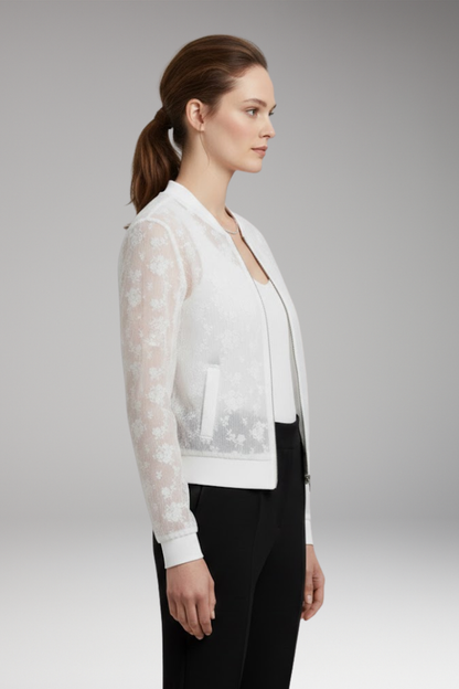 Women's Flight Jacket Floral Embroidery Transparent