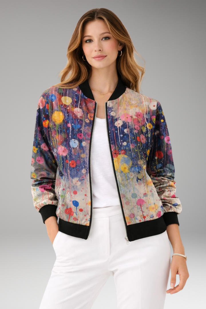 Women's Floral Flight Jacket Zipper Closure