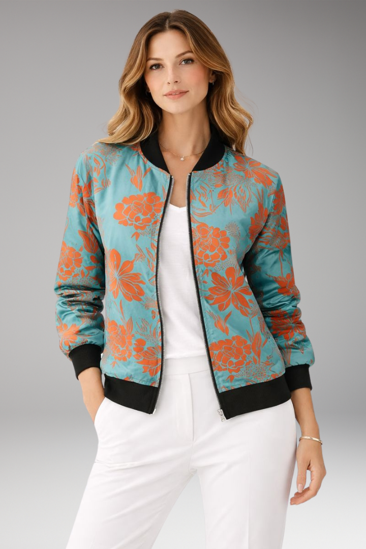 Women's Floral Flight Jacket Zipper Closure