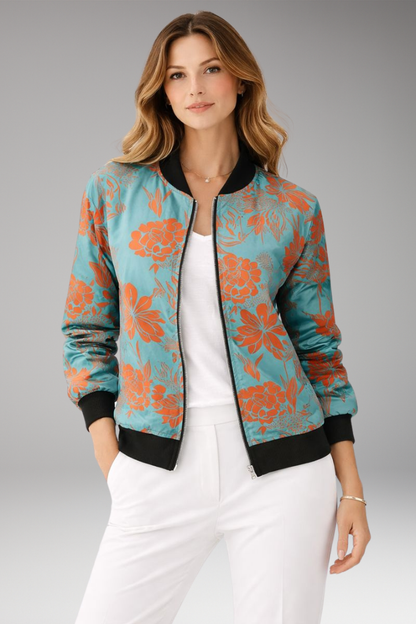 Women's Floral Flight Jacket Zipper Closure