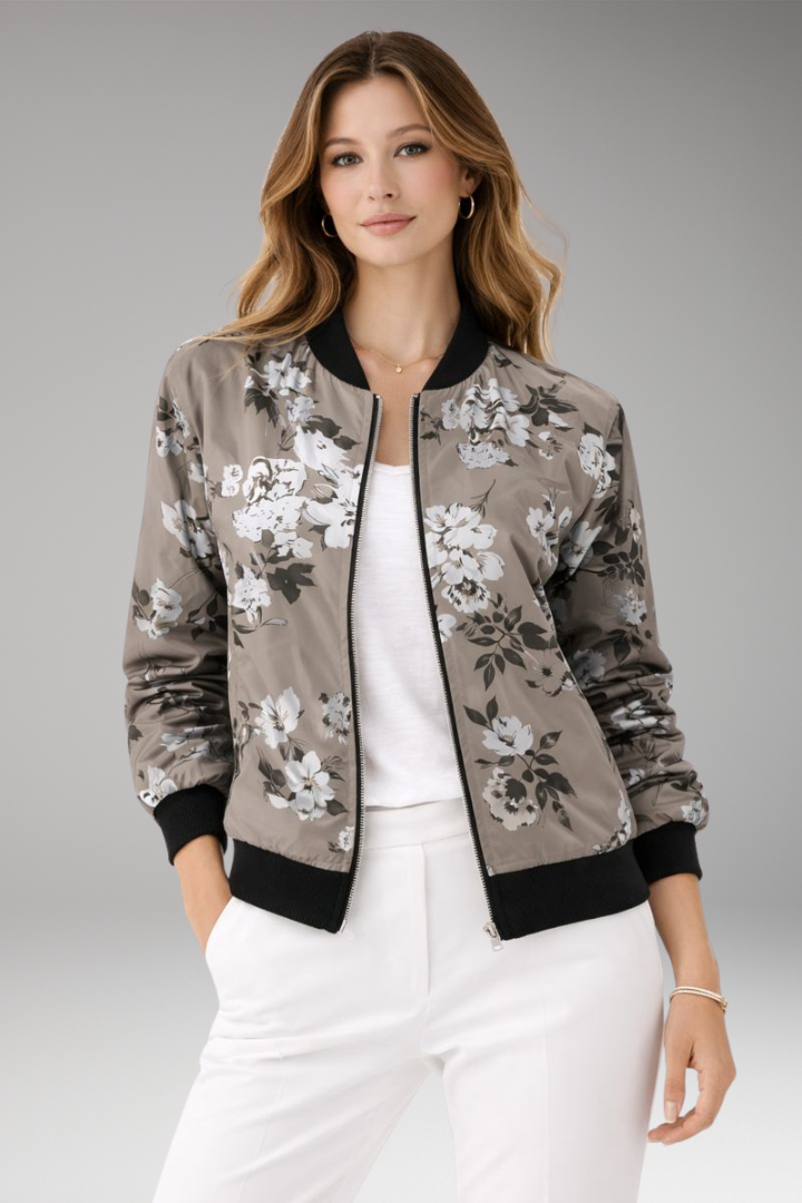 Women's Floral Flight Jacket Zipper Closure