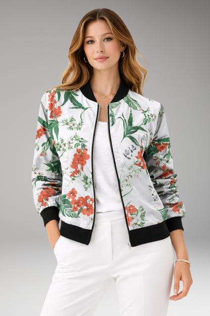 Women's Floral Flight Jacket Zipper Closure