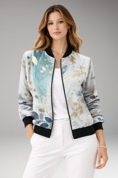 Women's Floral Flight Jacket Zipper Closure