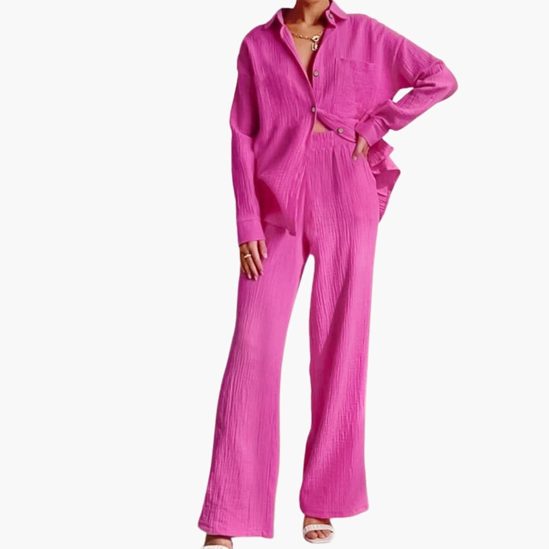 Women's Two-Piece Button-Down Shirt Wide Leg Pants Set