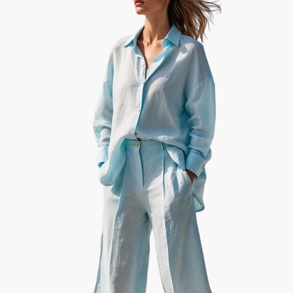 Women's Two-Piece Suit Button Front Shirt Wide Leg Pants