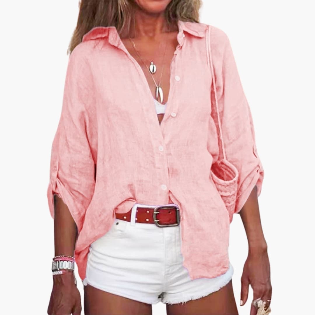 Women's Cotton Long Sleeve Blouse Crew Neck White