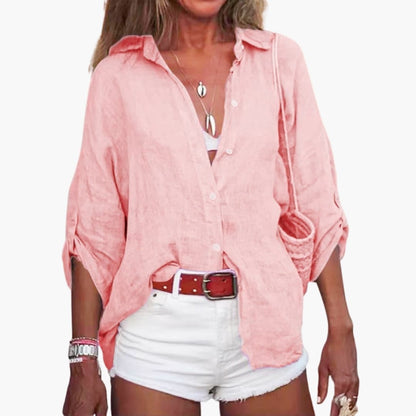 Women's Cotton Long Sleeve Blouse Crew Neck White