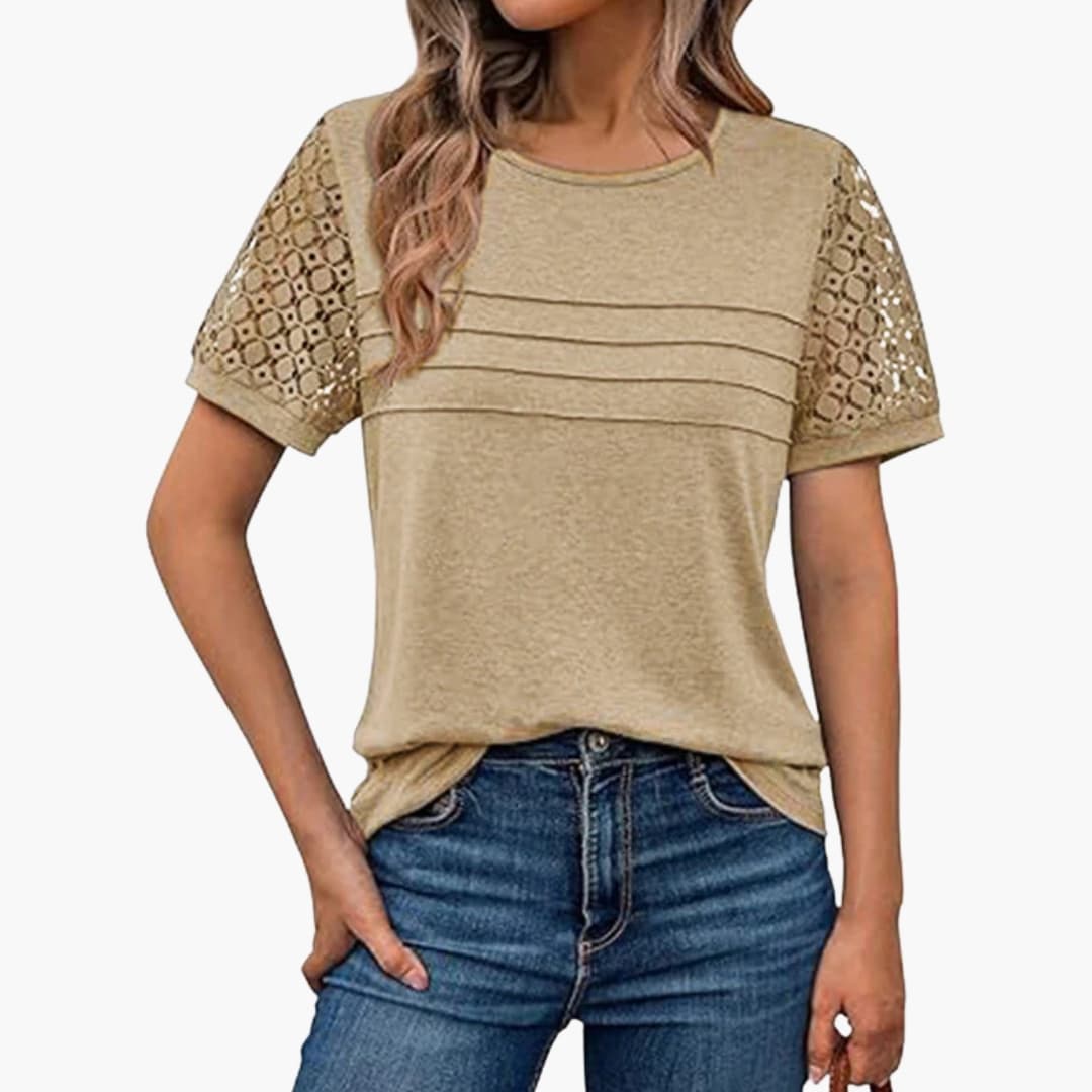 Women's Short Sleeve Crochet T-Shirt Pleated Front