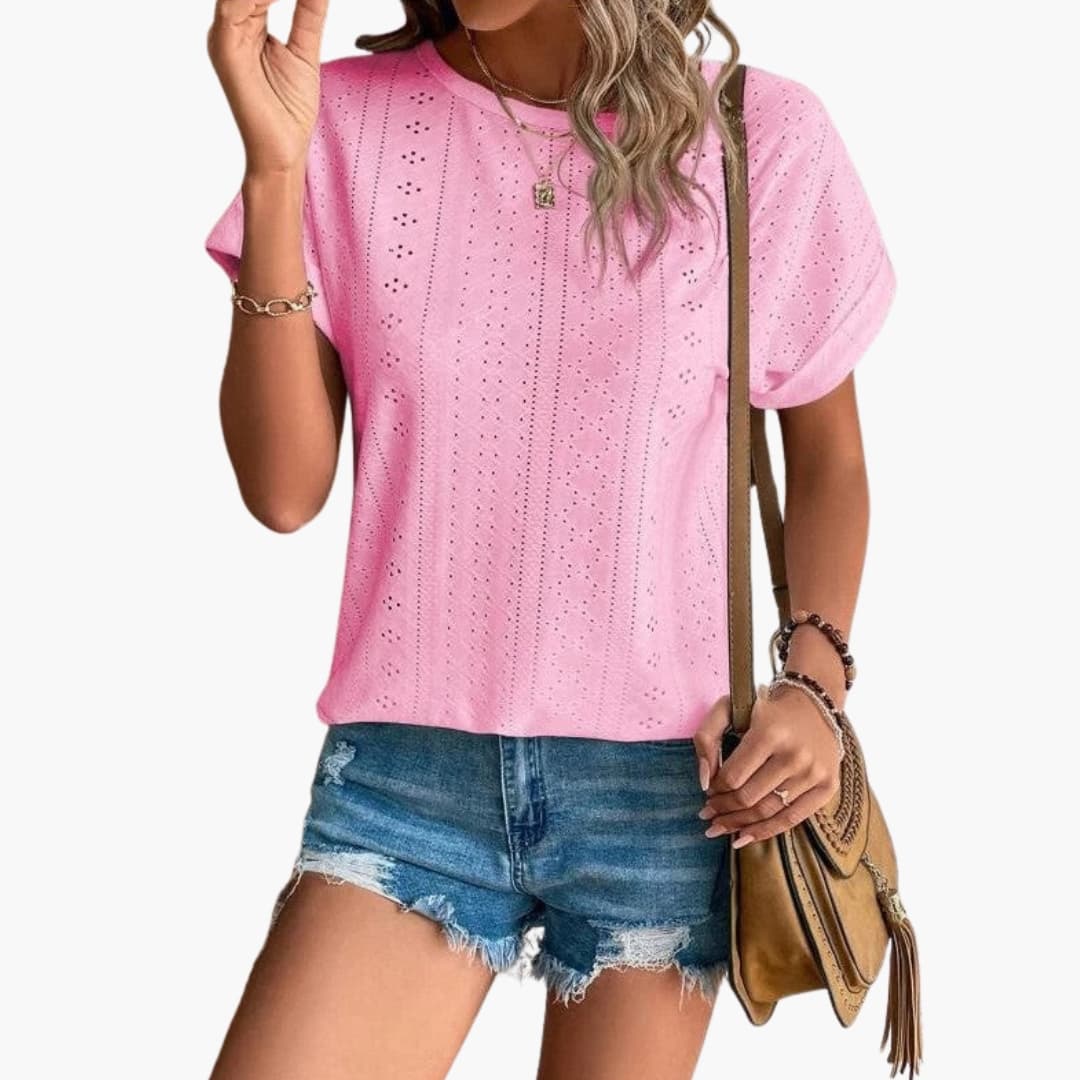 Women's Short Sleeve T-Shirt Crew Neck Eyelet Pattern