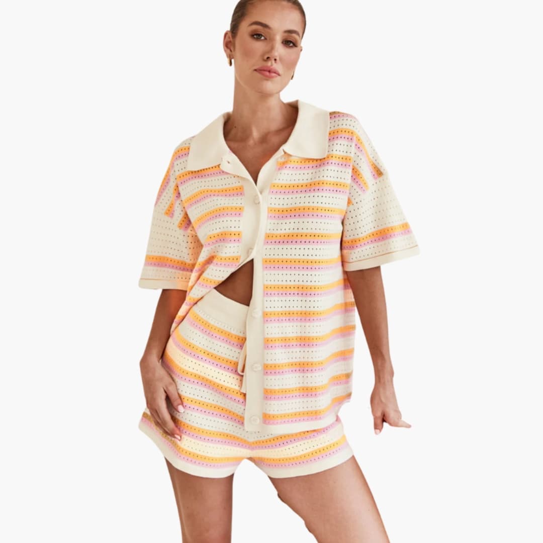 Women's Crochet Two Piece Set Short Sleeve and Shorts
