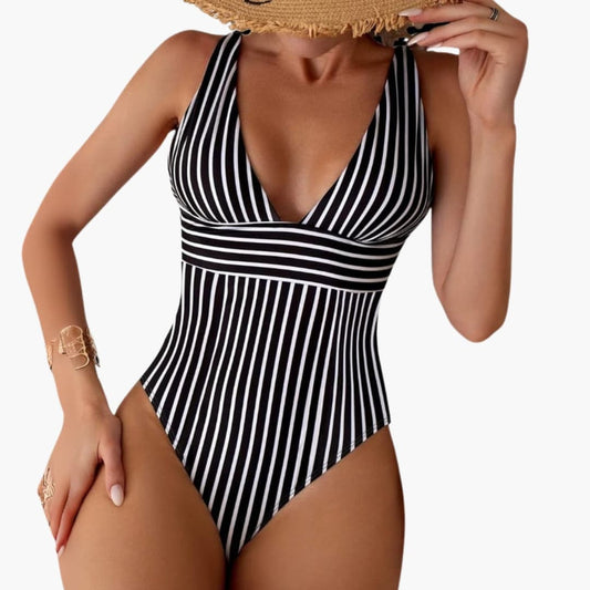 Women's Striped One-Piece Swimsuit Deep V-Neck High Leg