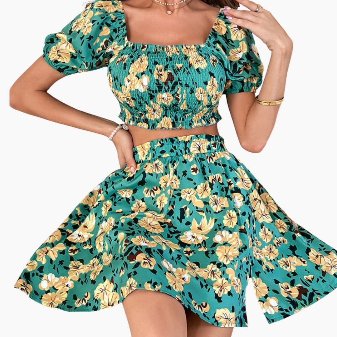 Women's Floral Two-Piece Midi Skirt Set Cotton Summer Outfit