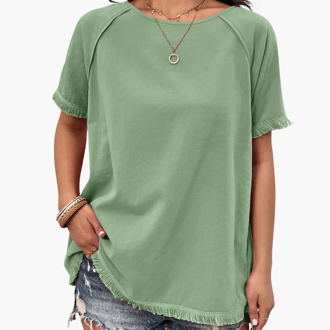Women's Crew Neck Short Sleeve T-Shirt Fringe Sleeves